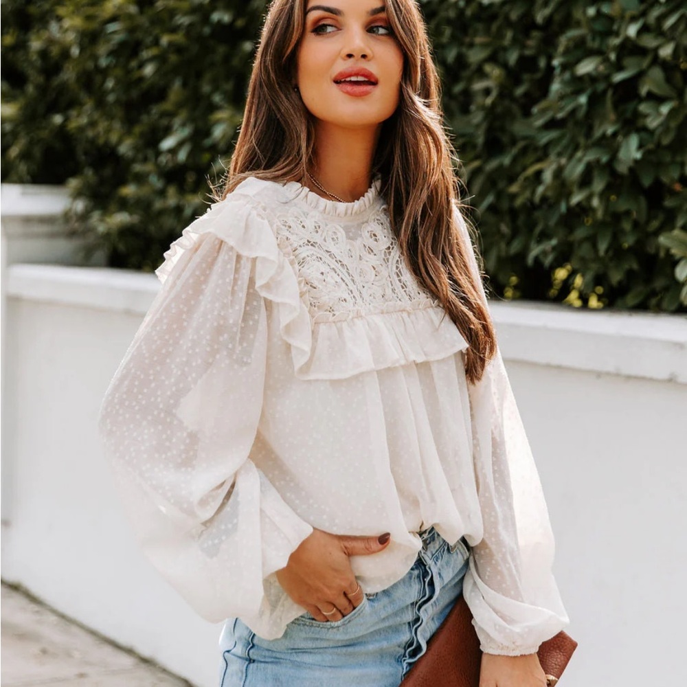 Cream Lace Ruffle Trim Blouse